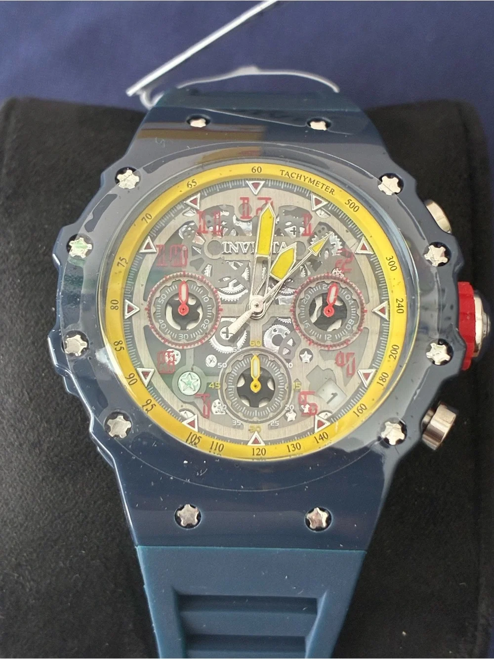 Invicta Navy Blue Watch with Yellow Accents and Red Details